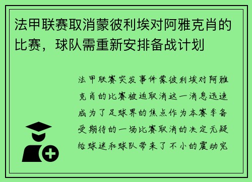 法甲联赛取消蒙彼利埃对阿雅克肖的比赛，球队需重新安排备战计划