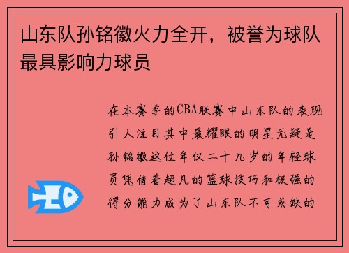 山东队孙铭徽火力全开，被誉为球队最具影响力球员